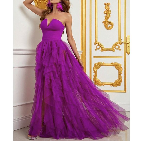 Chic Split Thigh Mesh Overlay Tube Maxi Dress purple - Picture 3 of 9